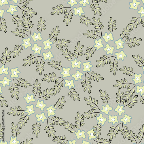 Seamless floral pattern, liberty ditsy print of mini plants in delicate pastel colors. Cute botanical design of tiny hand-drawn flowers and small leaves. Simple romantic pattern. Vector illustration.