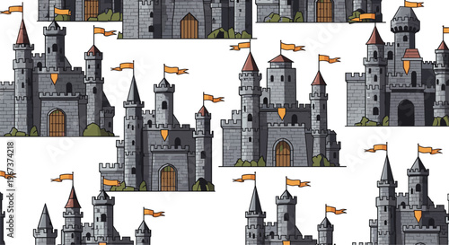 Detailed seamless pattern showcasing multiple medieval stone castles with towers, battlements, and bright orange flags on a white background.