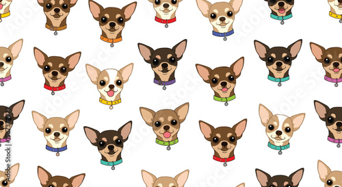 Fun seamless pattern of cute chihuahua dog heads wearing colorful collars in various brown and white coat patterns.