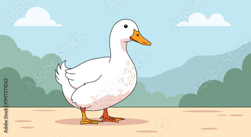 Large white duck standing in a simple outdoor landscape with green bushes and blue mountains under a cloudy sky.