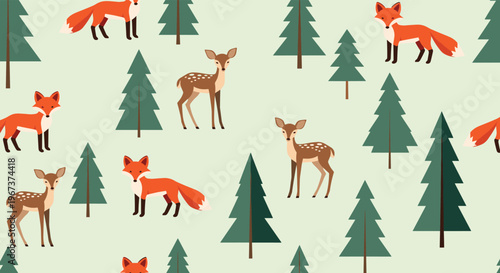 Charming seamless pattern of red foxes and spotted deer walking among pine trees in a flat cartoon forest landscape.