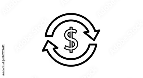 Dollar Sign with Circular Arrows Representing Money Exchange or Financial Refresh, isolated white background.