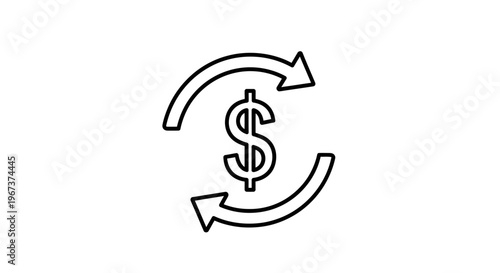 Dollar Sign with Circular Arrows Representing Money Exchange or Financial Refresh, isolated white background.