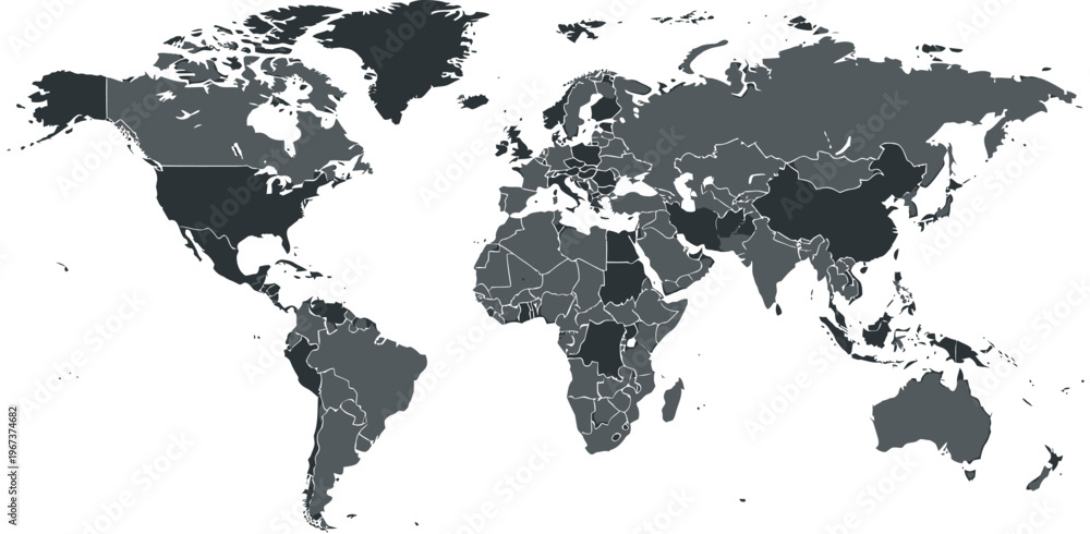 Obraz premium World map with countries, dark gray earth silhouette, global geography vector illustration, professional atlas eps