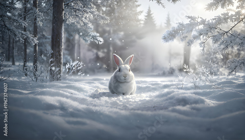 A white rabbit sits quietly in a snowy forest surrounded by tall trees and frosty branches sunlight filters through creating a serene calm and magical winter atmosphere
