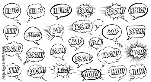 Large collection of comic speech bubbles and sound effects in black and white, isolated white background.