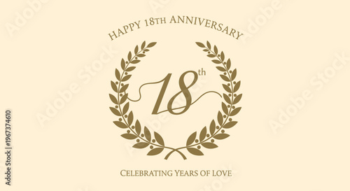 Happy 18th Anniversary elegant design with golden laurel wreath and "18th" text, celebrating years of love on a light gold background.