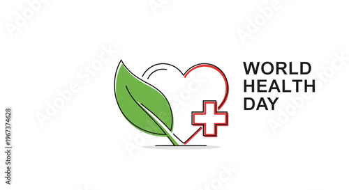 World Health Day concept with a stylized heart, combining a green leaf, red medical cross, and EKG line, representing natural and global health on an isolated white background.