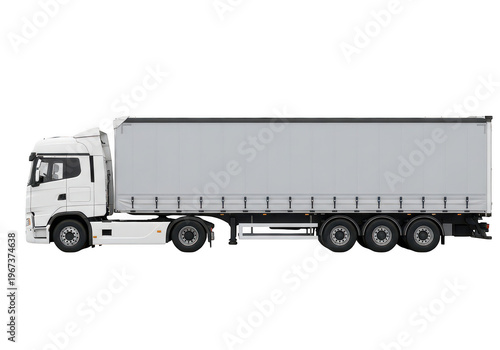 White modern semi truck with a long curtain side trailer for heavy duty commercial cargo transport