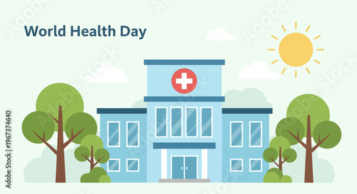 Modern hospital building with a medical cross and trees under a sunny sky, representing World Health Day and healthcare services in an outdoor setting.