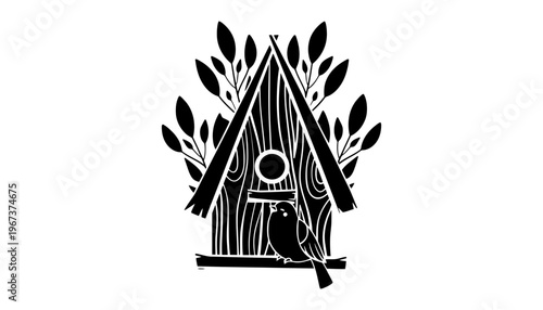 A bird sits on a wooden birdhouse with leafy surroundings in a black silhouette illustration