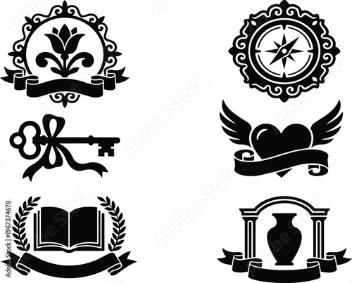 Decorative heraldic badges and vintage crest symbols with floral and ribbon details