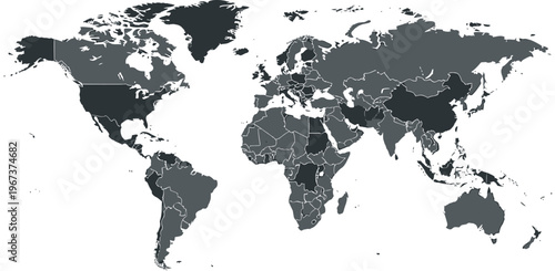 World map with countries, dark gray earth silhouette, global geography vector illustration, professional atlas eps