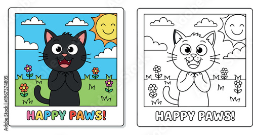 a cheerful black cat with wide eyes and open mouth, set in a sunny meadow