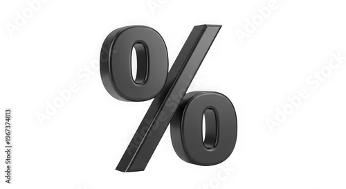A three dimensional black metallic percentage symbol used to represent discounts and math rates isolated on transparent background