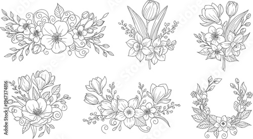 Hand drawn floral bouquets set, 6 black and white line art flower arrangements, spring botanical vector eps