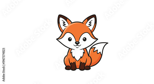 Extremely cute orange fox cub with a big fluffy tail and large expressive eyes sitting and smiling in a cartoon style.