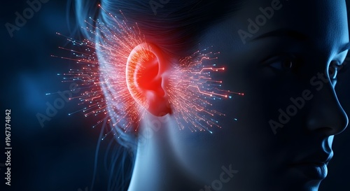 Digital hearing loss and electronic noise interference. Audiology and modern technology. Female profile with glowing fiber optic lines radiating from the ear area