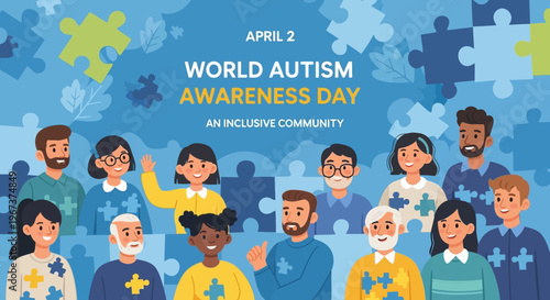 Happy Diverse Community Celebrating World Autism Awareness Day with Puzzle Piece Background