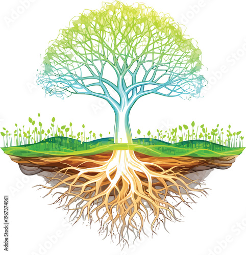 A vibrant tree with exposed roots symbolizes growth, life, and connection to the earth on a white background.