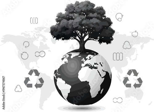 A stylized tree grows on a globe with recycling symbols and atmospheric icons suggesting environmental protection.
