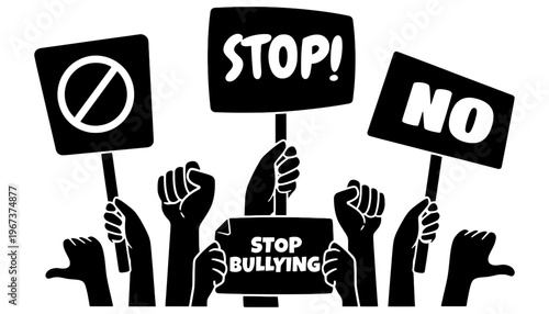 A stop bullying vector illustration with raised fists and protest signs