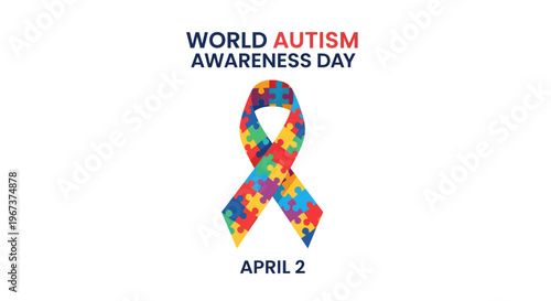 World Autism Awareness Day symbol, a colorful puzzle piece ribbon with text "April 2", advocating for understanding and acceptance on isolated white background