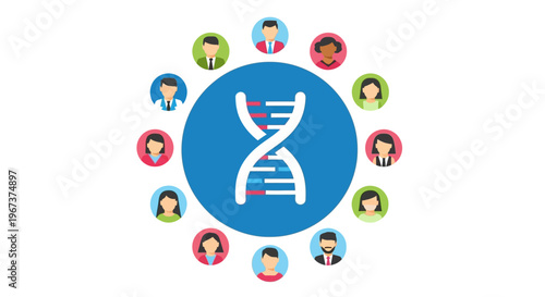 Diverse human avatars arranged in a circle around a central blue DNA symbol, representing genetic connection and global social network on isolated white background
