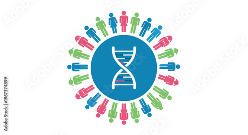 Diverse people forming a cohesive circle around a blue DNA icon, symbolizing genetic research and global human community, in bright studio