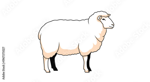 Large fluffy white sheep standing in a side profile view in a clean and simple cartoon illustration style on white.