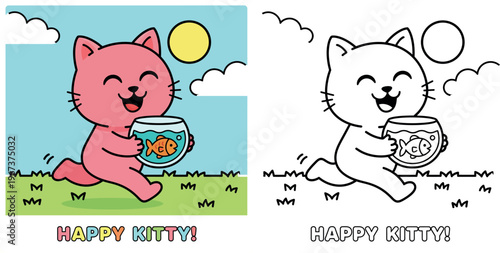 a cheerful pink cat carrying a goldfish bowl through a sunny meadow