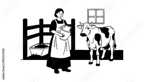 A farmer woman holding a bucket next to a cow in a barn