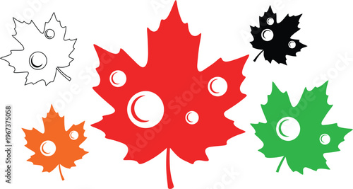 Maple leaf vector icons with water drops, colorful autumn foliage set of 6 elements, red and green maple leaf eps