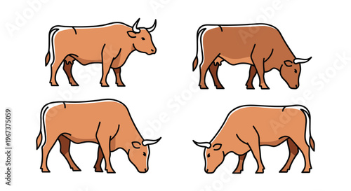 Set of four brown cows with horns in different standing and grazing positions in a modern and clean cartoon style.