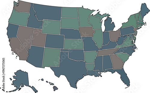 A stylized map of the United States colored in various shades, suggesting regional data or distribution.