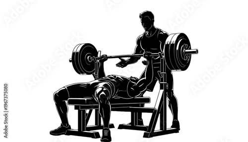 A weightlifter doing bench press with a spotter in a gym