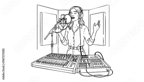 Microphone vector illustration of a woman singing in a recording studio