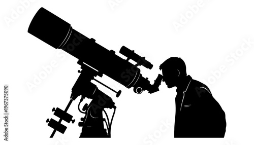 Telescope silhouette illustration of a man looking through a large astronomical telescope