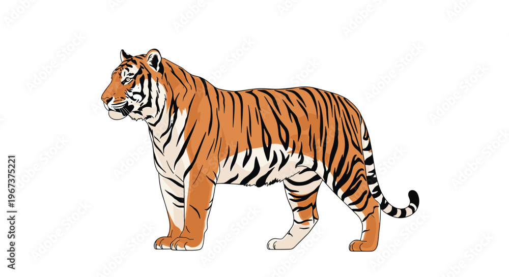 Obraz premium Powerful tiger with distinctive orange and black stripes standing in profile against a clean white background for design.