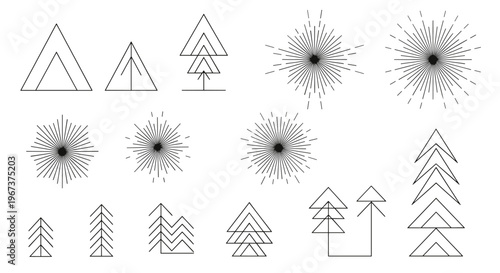 Collection of minimalist geometric line drawings depicting various styles of trees and starburst icons in black and white.
