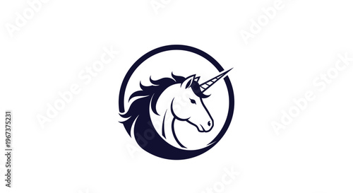 Elegant circular logo featuring a stylized unicorn head with a flowing mane in dark blue against a white background.