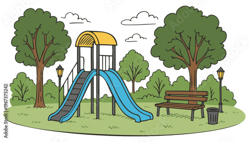 A colorful playground illustration with a blue slide and yellow roof