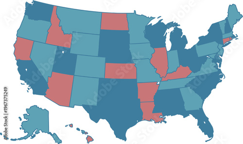 United States map displays diverse state voting trends with colored regions indicating political affiliations.