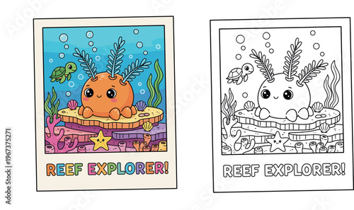 a cute sea creature, starfish, and turtle surrounded by vibrant coral