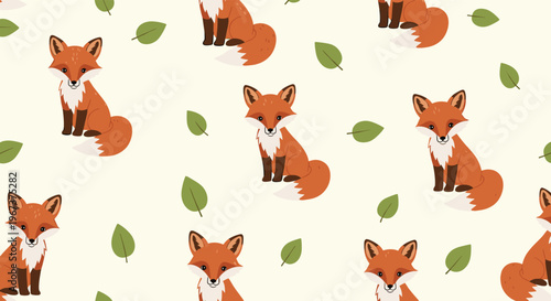 Seamless pattern featuring adorable red foxes sitting among green leaves on a light cream background for textile design.