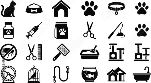 Pet Care and Veterinary Icon Set with Animal Grooming Accessories Dog Cat Supplies Clinic Tools and Pet Shop Symbols for Apps and UI Design