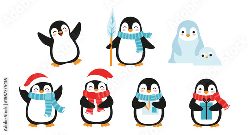 Set of adorable cartoon penguins wearing colorful winter scarves and hats in various playful poses for holiday design.