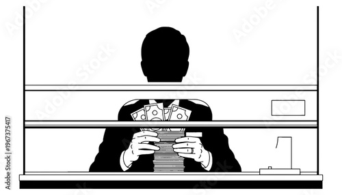 A man silhouette holding money in a bank teller window illustration