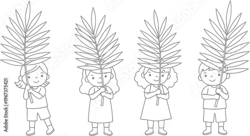 Palm Sunday coloring page for kids, children holding palm branches line art, religious holiday vector illustration
