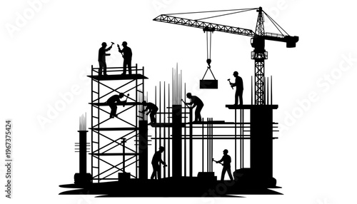 Construction workers building a new structure with a crane silhouette